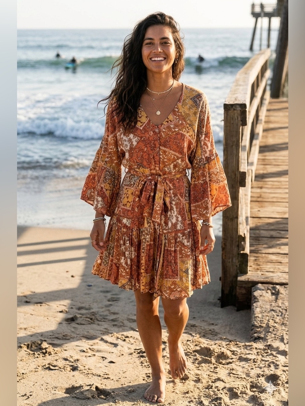 Rip Curl Wanderer Long Sleeve Dress Boho Patchwork Bell Sleeves XS